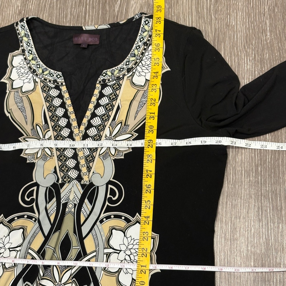 Hale Bob Black Gold Floral Medallion Beaded Tunic Stretch Jersey Shift Dress L - Picture 12 of 13
